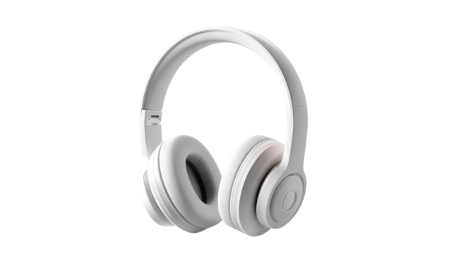 Elegant Soundscape: A pristine white pair of headphones, rendered in stunning detail, floats serenely, inviting immersion into a world of crystal-clear audio.