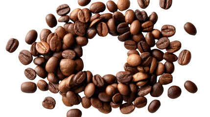 Obraz premium Roasted Coffee Bean Circle: A mesmerizing top-down view of perfectly roasted coffee beans artfully arranged in a circular pattern. The beans showcase their rich color and texture.