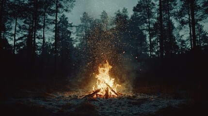 Campfire in a dark forest
