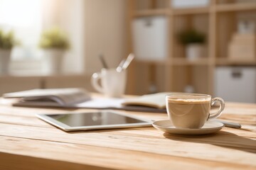 Obraz premium Cozy Workspace with Coffee, Tablet, and Stationery Items on a Wooden Table Surrounded by Natural Light, Ideal for Productive Mornings and Creative Inspiration
