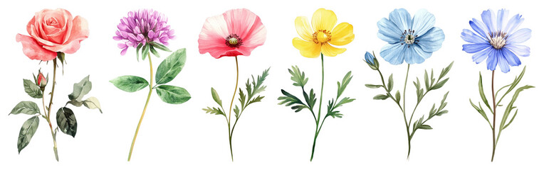 Fototapeta premium PNG Colorful watercolor floral illustration, element set on transparent background