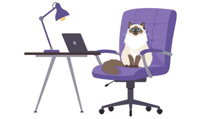 White Cat Sitting on Purple Office Chair Next to Desk in Home Office