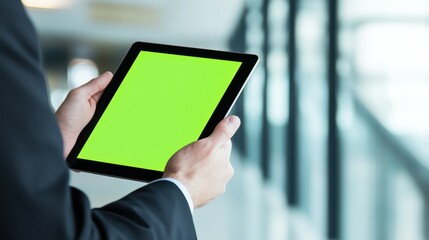 Businessman holding tablet with green screen in an office environment.