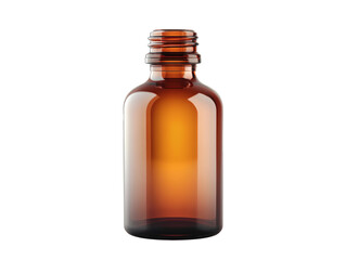 Close-up of vintage brown glass pharmacy bottle isolated on white background. Amber glass bottle with cutout background studio environment product photography creative perspective.