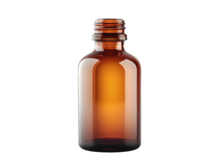 Close-up of vintage brown glass pharmacy bottle isolated on white background. Amber glass bottle with cutout background studio environment product photography creative perspective.