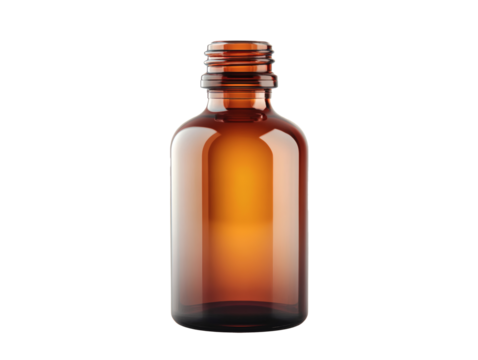 Close-up of vintage brown glass pharmacy bottle isolated on white background. Amber glass bottle with cutout background studio environment product photography creative perspective.