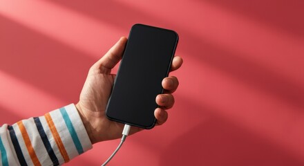 A hand holding a smartphone connected to a charger against a pink background