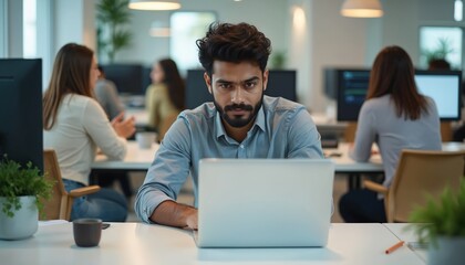Focused man works on laptop in modern office setting. Colleagues work nearby. Business pro, tech expert, software developer at desk, typing code. Workspace, technology, business, project management