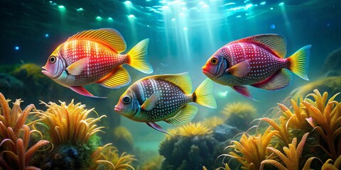 Fototapeta premium Vibrant tropical fish swimming gracefully amidst a coral reef, bathed in the ethereal glow of sunlight filtering through the ocean's surface