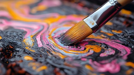 Fototapeta premium Close-up of a paintbrush in swirling, vibrant pink, orange, and blue acrylics on a dark, textured surface