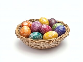 Easter basket filled with colorful eggs isolated on white background., flat lay. Modern easter eggs painted with natural dye in blue, grey, yellow marble color. Happy Easter celebration concept.