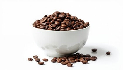 White ceramic bowl filled with roasted coffee beans on a white surface. Close-up of brown beans, scattered around. Morning breakfast concept. Fresh aroma, caffeinated drink, energy boost.