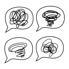 Stressed thoughts bubble icon set. Black outline stressed isolated on white background. Symbol for negative emotions, anger, mental disorders.