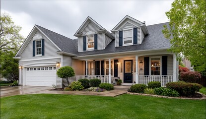 Charming suburban home with a lush green lawn.