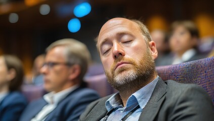Middle-aged Caucasian man sleeping during a conference.