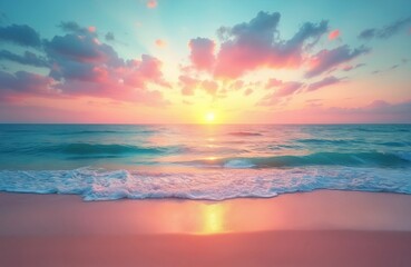 Fototapeta premium Colorful sunset over pink beach with soft waves. Sun reflects on water surface. Orange, pink, blue colors palette. Beach scene suitable for vacation, travel, tropical destination, holidays, paradise.