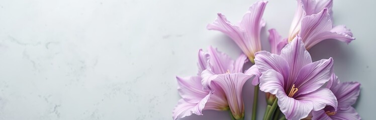 Gladiolus flowers on gray table. Tender blossoms, close up view, background with empty space for quote. Floral background for condolence cards, announcements. Suitable for funeral, memorial,