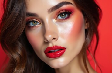 Fototapeta premium Portrait of fashion model girl with bright makeup on red background. Glamour young woman with vivid color cosmetic on face. Beauty magazine cover. Closeup of attractive brunette girl with red