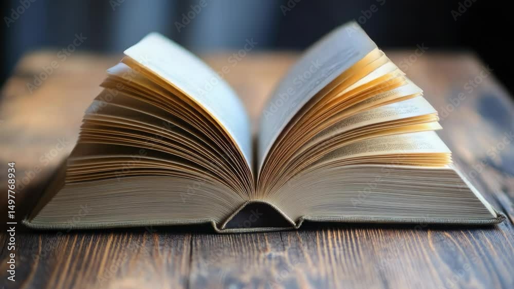 Aufkleber a book lying open on a wooden table, perfect for editorial use