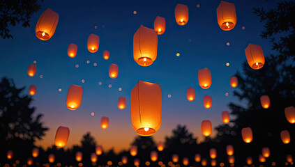 Obraz premium Beautiful Sky Lanterns Abstract Background Image Glowing Night Atmosphere