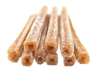 Crispy churros coated in sugar isolated on white background. Churro fried dough bread choux fritters pastry. different angles, stack, pile, chocolate sugar coated, paper cone wrap. Mockup