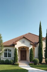 Exterior view of residential home on sunny day. Featuring classic design, house brown roof, beige walls, well-maintained green lawn. Tall trees, shrubs enhance curb appeal, create welcoming ambiance,