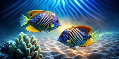 Fototapeta premium Vibrant Tropical Fish Gracefully Swimming Above a Sandy Ocean Floor with Lush Coral