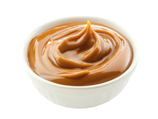 Creamy caramel sauce in white bowl isolated on white background.