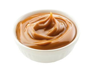 Creamy caramel sauce in white bowl isolated on white background.