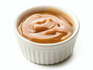Creamy caramel sauce in white bowl isolated on white background.