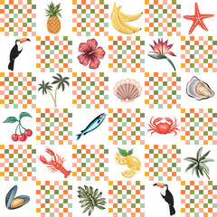 Toucan, hibiscus flower, palm, mussel, oyster, sardines fish, lobster, crab, lemon, banana, pineapple, cherry fruit, shell seamless pattern, checkered background. Summer tropical print.