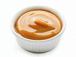 Creamy caramel sauce in white bowl isolated on white background.