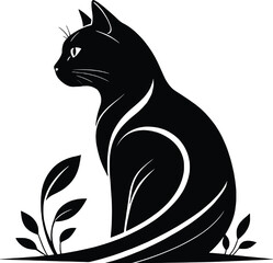 Black cat silhouette sitting with flowing curves and botanical leaf accents, Ideal for tattoo designs, nature-themed art, minimalistic wall decor, pet branding and eco-friendly design projects