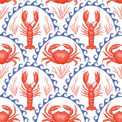 Lobster, crab, coral seamless pattern, blue arch background. Summer sea wallpaper.	