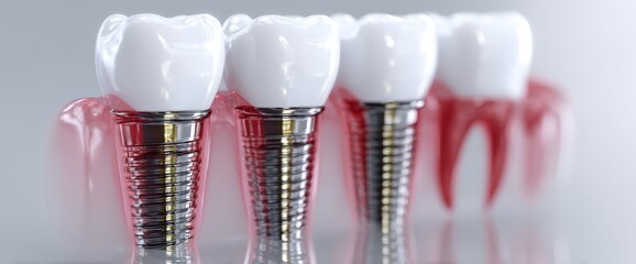 Close-up of dental implants with natural teeth.
