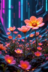 futuristic digital scene with glowing, neon colored flowers in a sci fi setting
