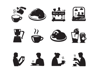 This set of icons depicts various coffee shop elements, from brewing methods and pastries to people enjoying coffee on white