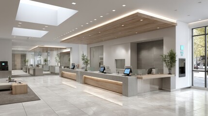 Spacious bank lobby with minimal furniture, a teller at the counter, sleek tech stations 