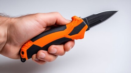 Hand Holding Modern Pocket Knife with Orange Grip and Sharp Black Blade for Everyday Use and Outdoor Activities