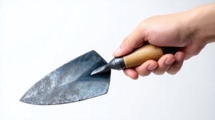 Hand Holding a Vintage Garden Trowel with a Wooden Handle for Home Gardening and Landscaping Tasks