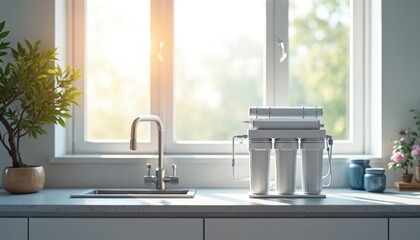 Home water filtration system in kitchen. Modern water purifier with faucet. Clear water, clean, drinkable. Fresh water filter for healthy lifestyle. Eco-friendly home water purification.
