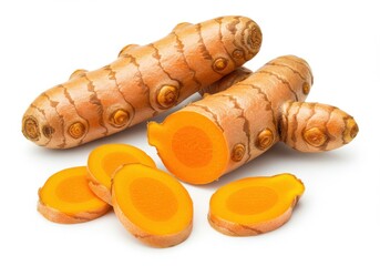 Fresh Turmeric Root with Slices Isolated on White Background