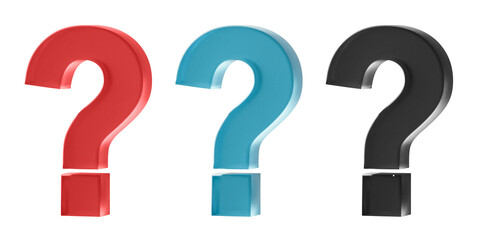 Transparent and glossy 3D question mark in red, light blue, and black