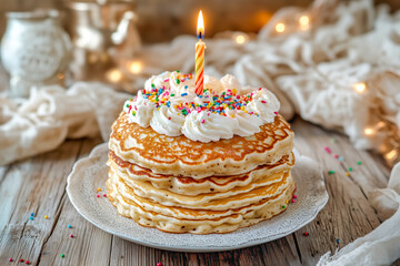 Special birthday breakfast with pancakes stacked high, topped with whipped cream, sprinkles, and a candle