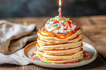 Special birthday breakfast with pancakes stacked high, topped with whipped cream, sprinkles, and a candle