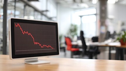 Red downward financial graph on laptop screen in modern office environment, concept of market crash, investment risk, stock decline, and economic volatility