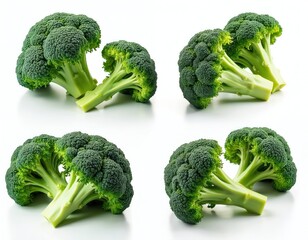 Fresh green broccoli florets isolated on white backdrop. Raw organic vegetable food for cooking salads, meal prep. Healthy nutrition, diet, vegetarian lifestyle concept. Full depth of field, close-up.