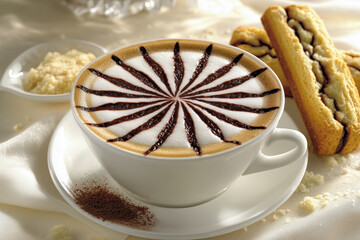 Steaming cup of coffee with a latte art design on top, served with a side of biscotti