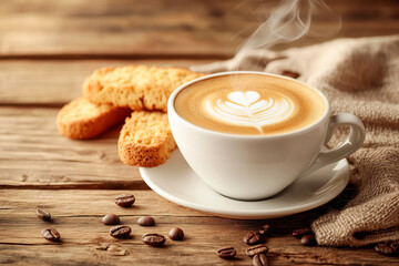 Steaming cup of coffee with a latte art design on top, served with a side of biscotti