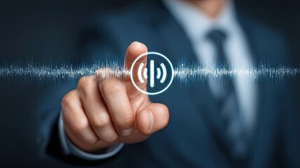 Businessman activating digital voice assistant interface with fingertip, representing smart AI technology, virtual help, and voice command system in corporate environment